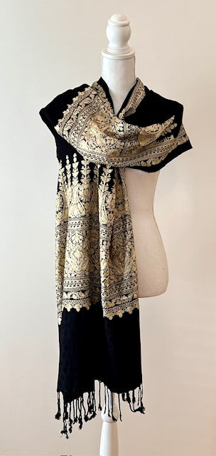 Vimala Embroidered Shawl, Black & Gold