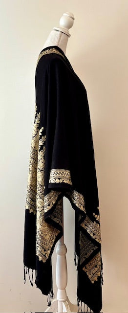 Vimala Embroidered Shawl, Black & Gold