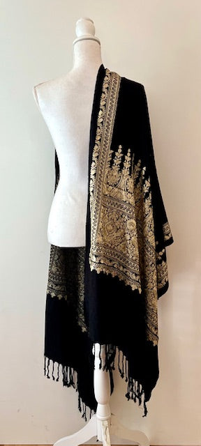 Vimala Embroidered Shawl, Black & Gold