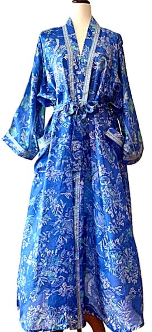 Luxurious Rich Silk Long Kimono Duster. Glamorous (Blue Floral)