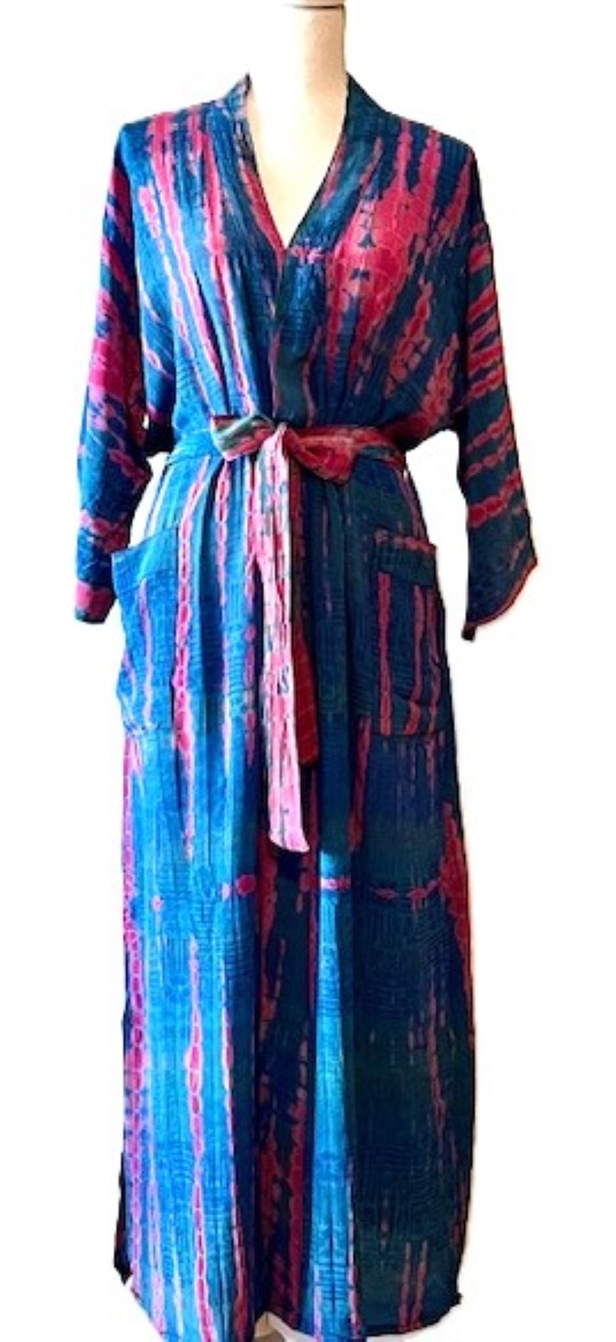 Top of the Line Silk Kimono Tie Dye Duster. Royal and Pink.