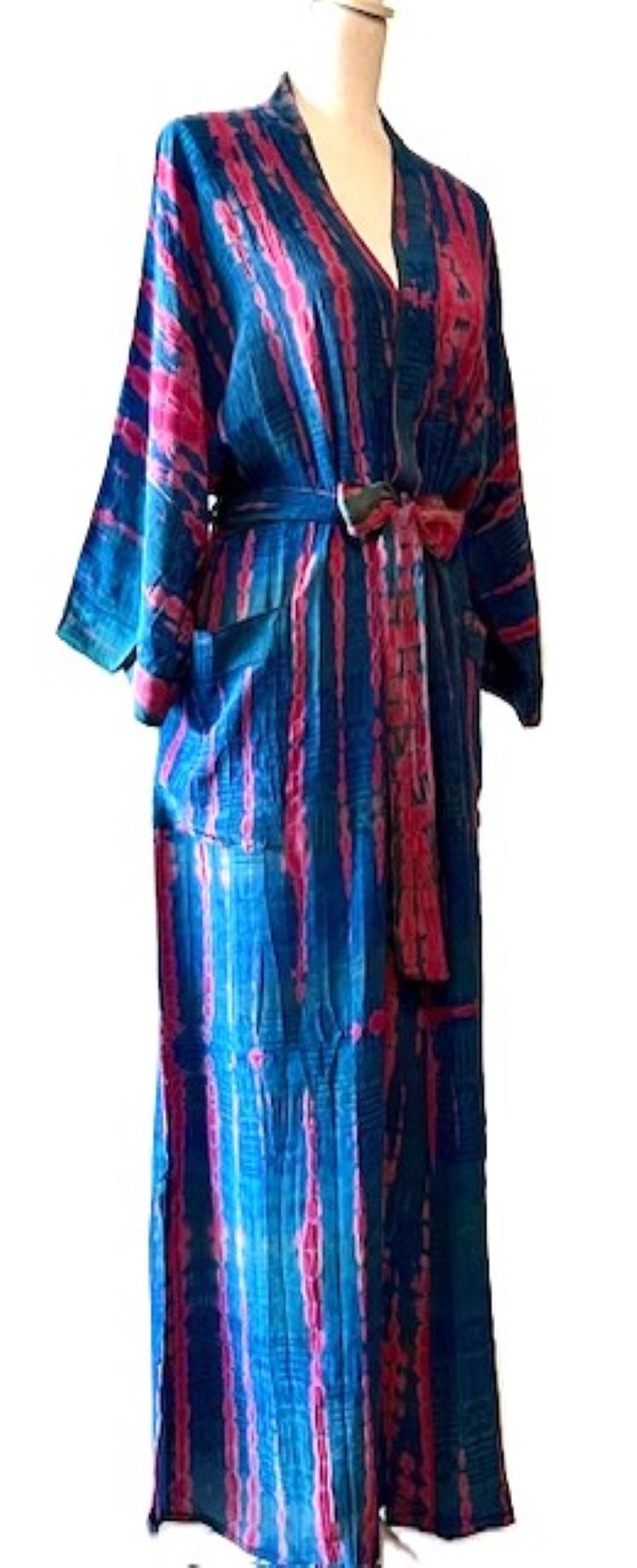 Top of the Line Silk Kimono Tie Dye Duster. Royal and Pink.