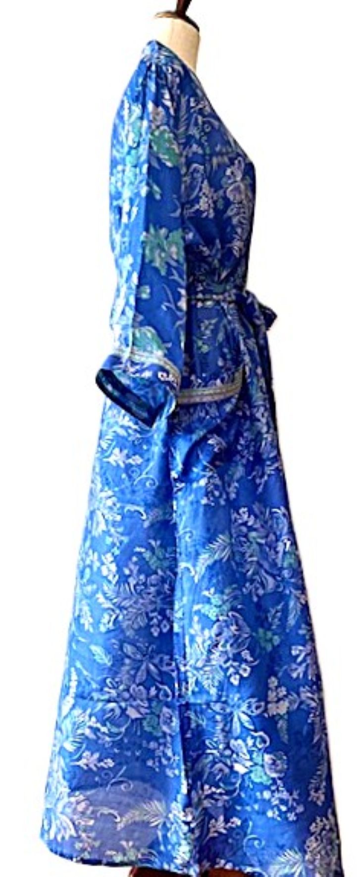 Long Silk Kimono Duster,  Dramatic Floral Print (Royal)