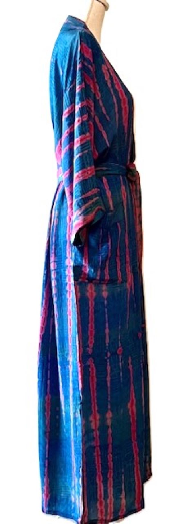 Top of the Line Silk Kimono Tie Dye Duster. Royal and Pink.