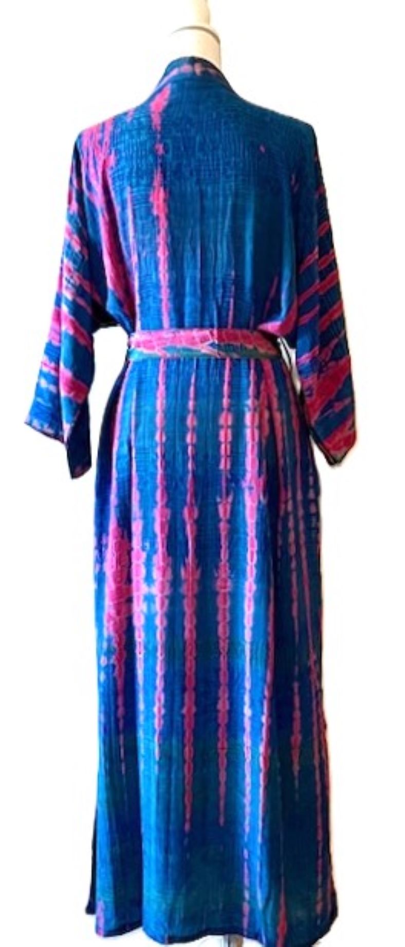 Top of the Line Silk Kimono Tie Dye Duster. Royal and Pink.