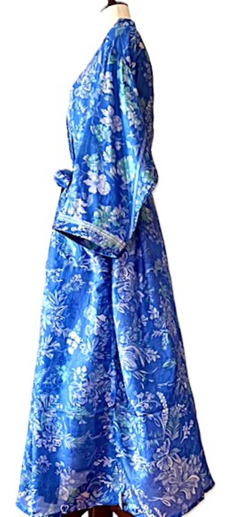 Long Silk Kimono Duster,  Dramatic Floral Print (Royal)