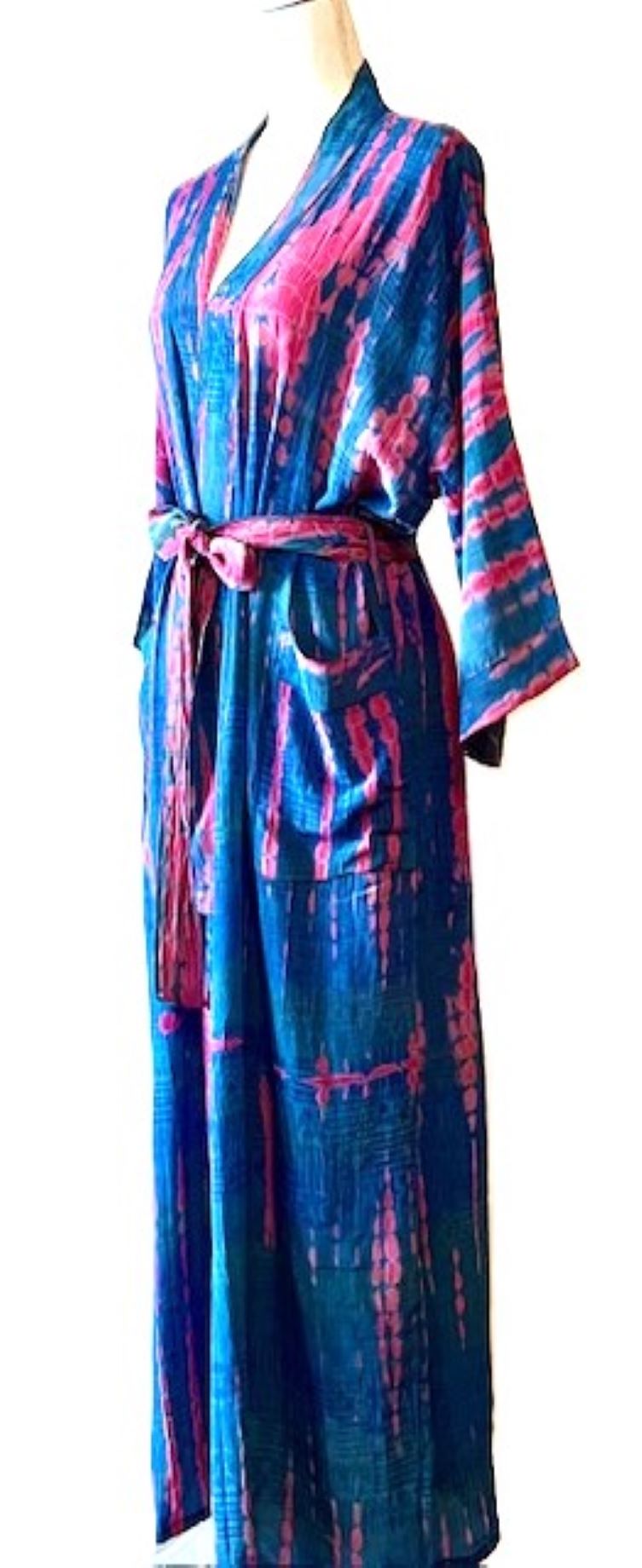 Top of the Line Silk Kimono Tie Dye Duster. Royal and Pink.