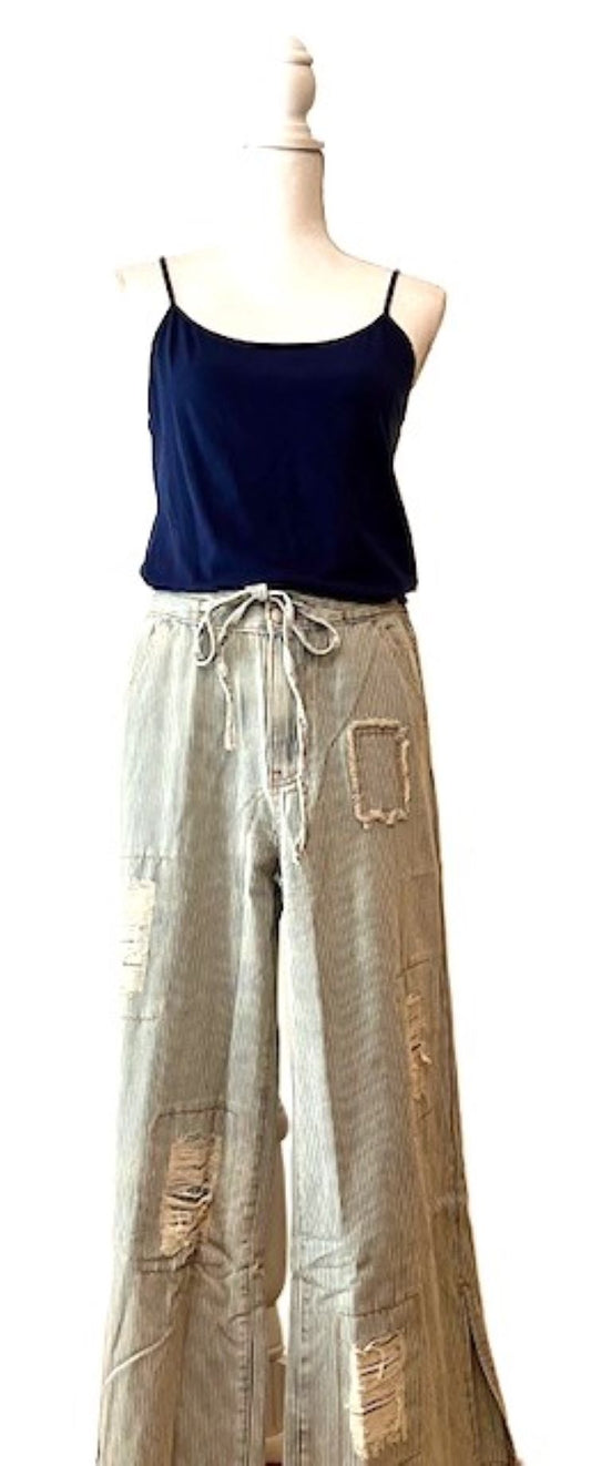 Distressed Waist Strape Stripe Denim Wide Pants. Best Seller.