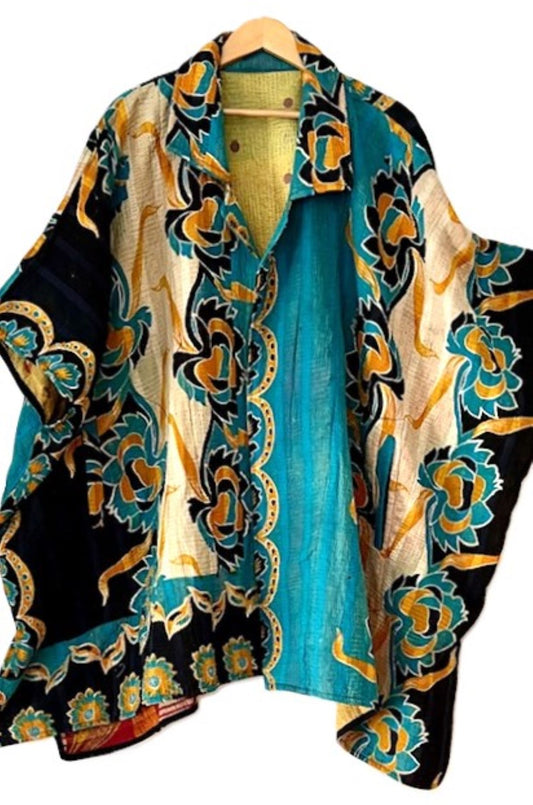 Fully Reversible Blanket Coat Is Beautiful In Turquoise Enhanced By A Border Floral Trim