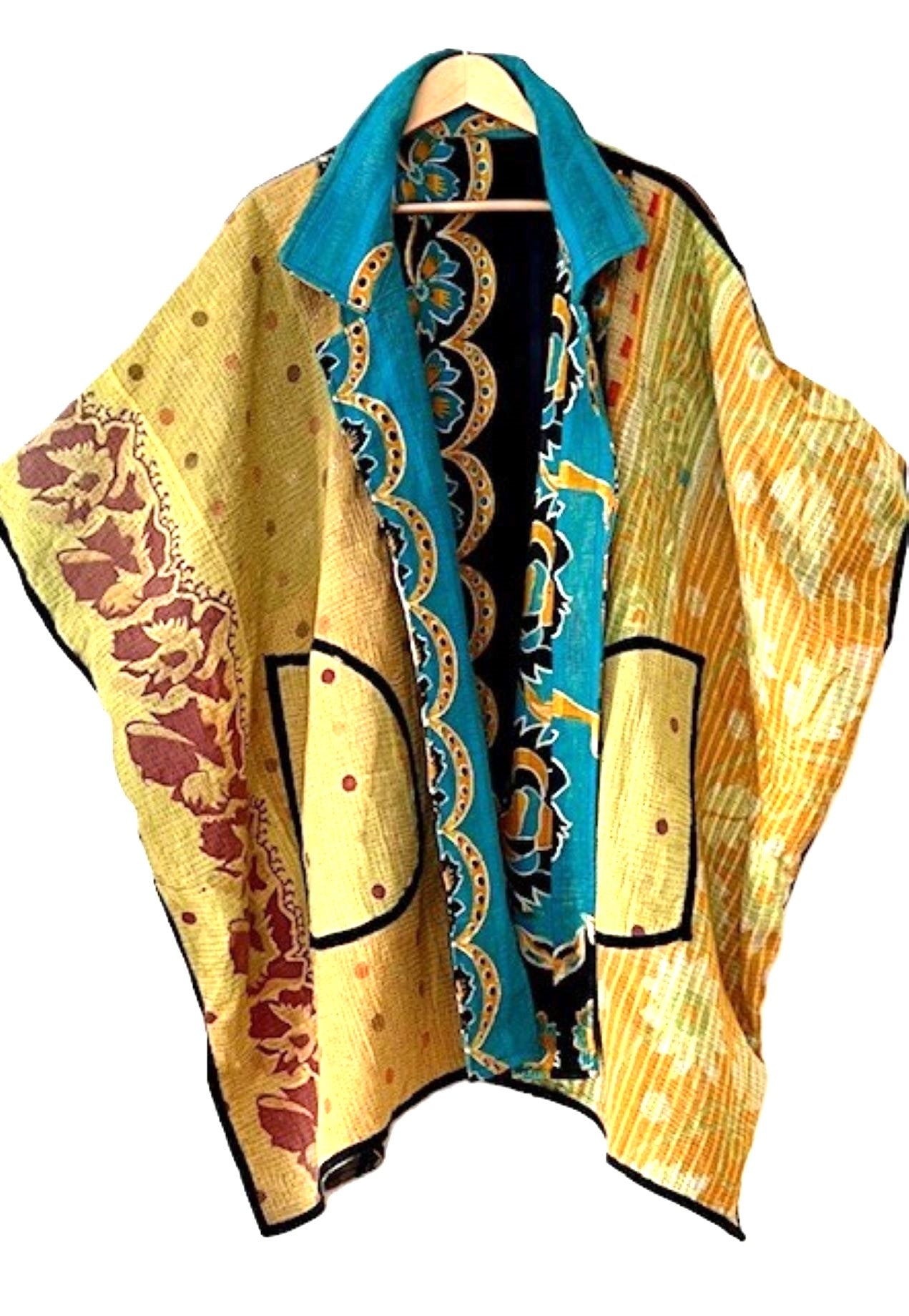 Fully Reversible Blanket Coat Is Beautiful In Turquoise Enhanced By A Border Floral Trim