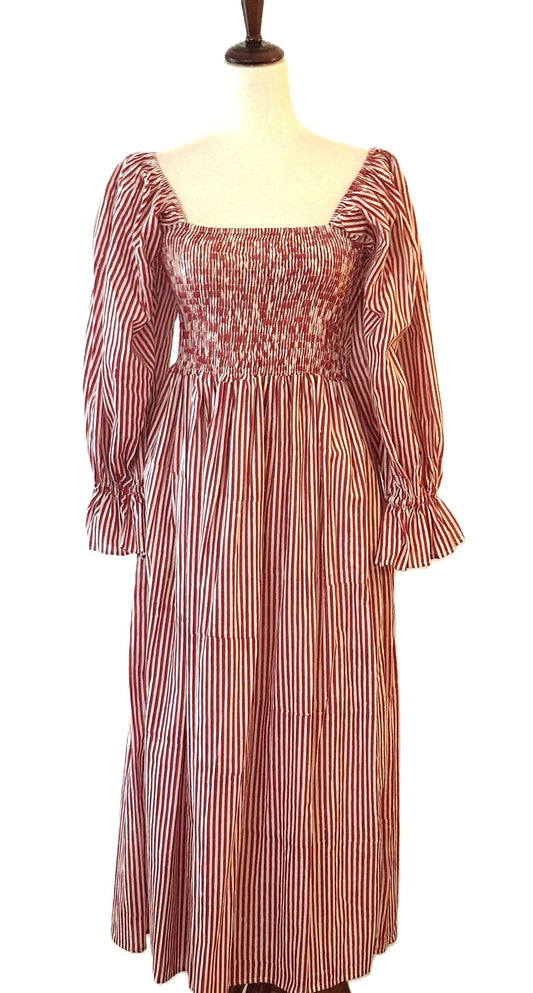 Dresses: Red Floral Cotton Smocked Midi Dress, Block Printed, Square Neck, Balloon Sleeve