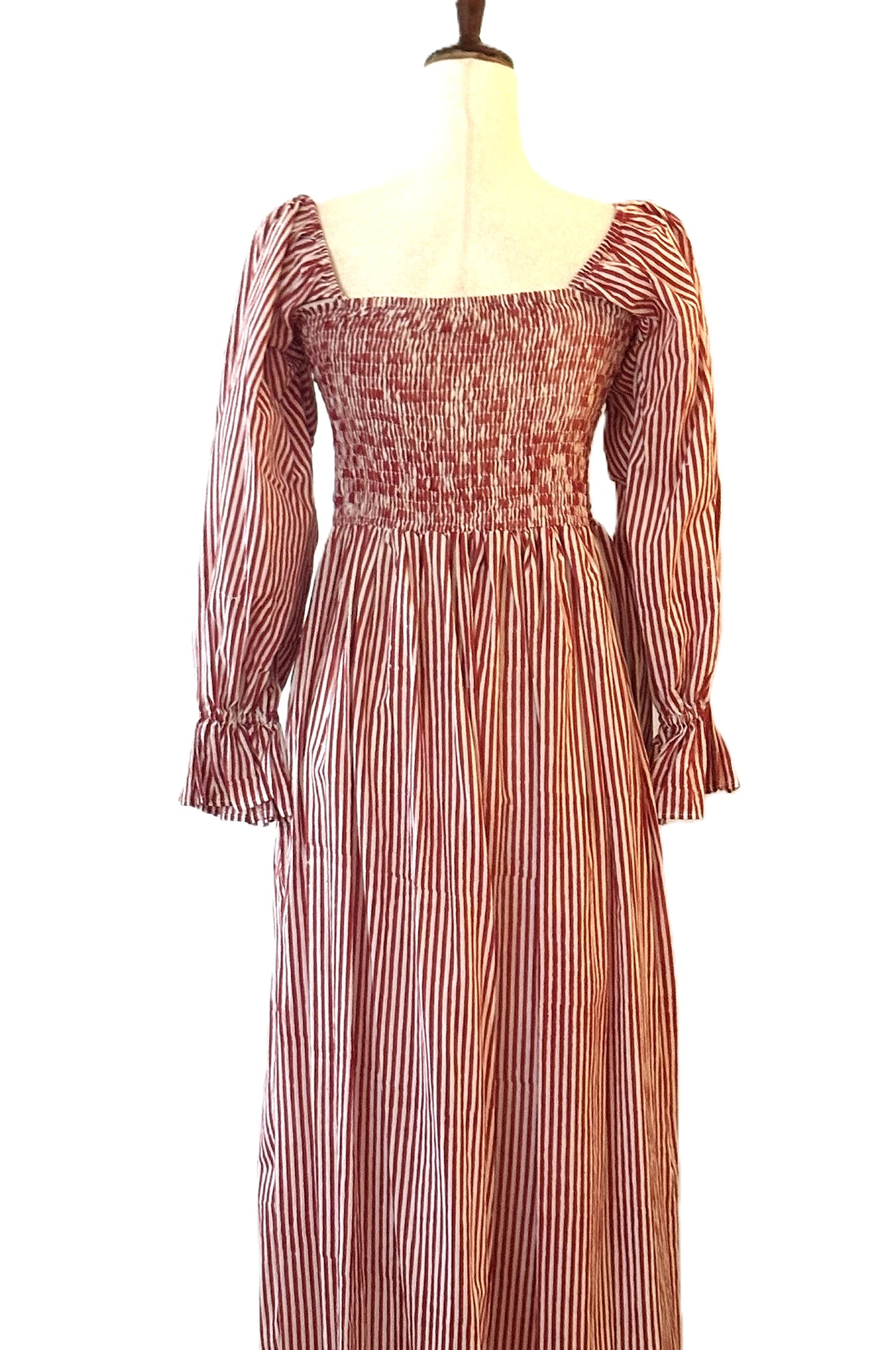 Dresses: Red Floral Cotton Smocked Midi Dress, Block Printed, Square Neck, Balloon Sleeve