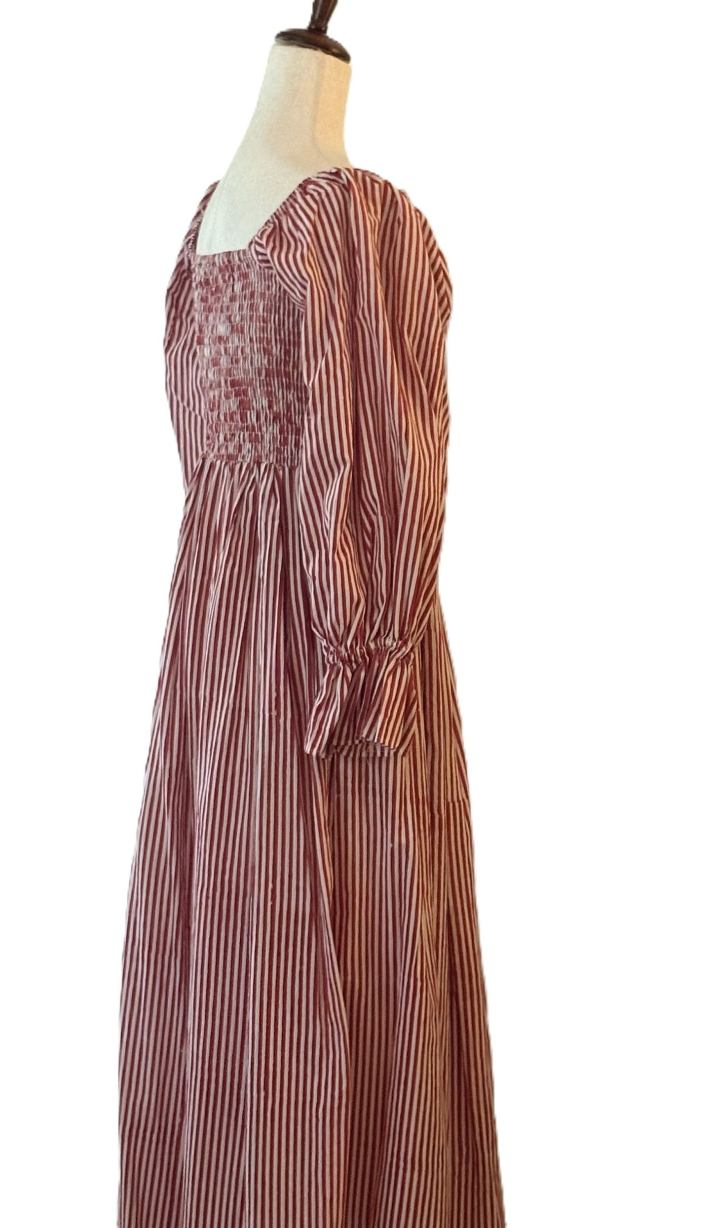 Dresses: Red Floral Cotton Smocked Midi Dress, Block Printed, Square Neck, Balloon Sleeve