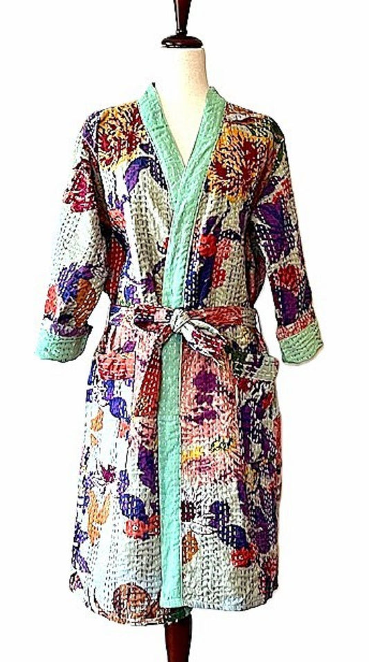 Short Colorful Cotton Print Kimono With Kantha Stitching  (Multicolor)