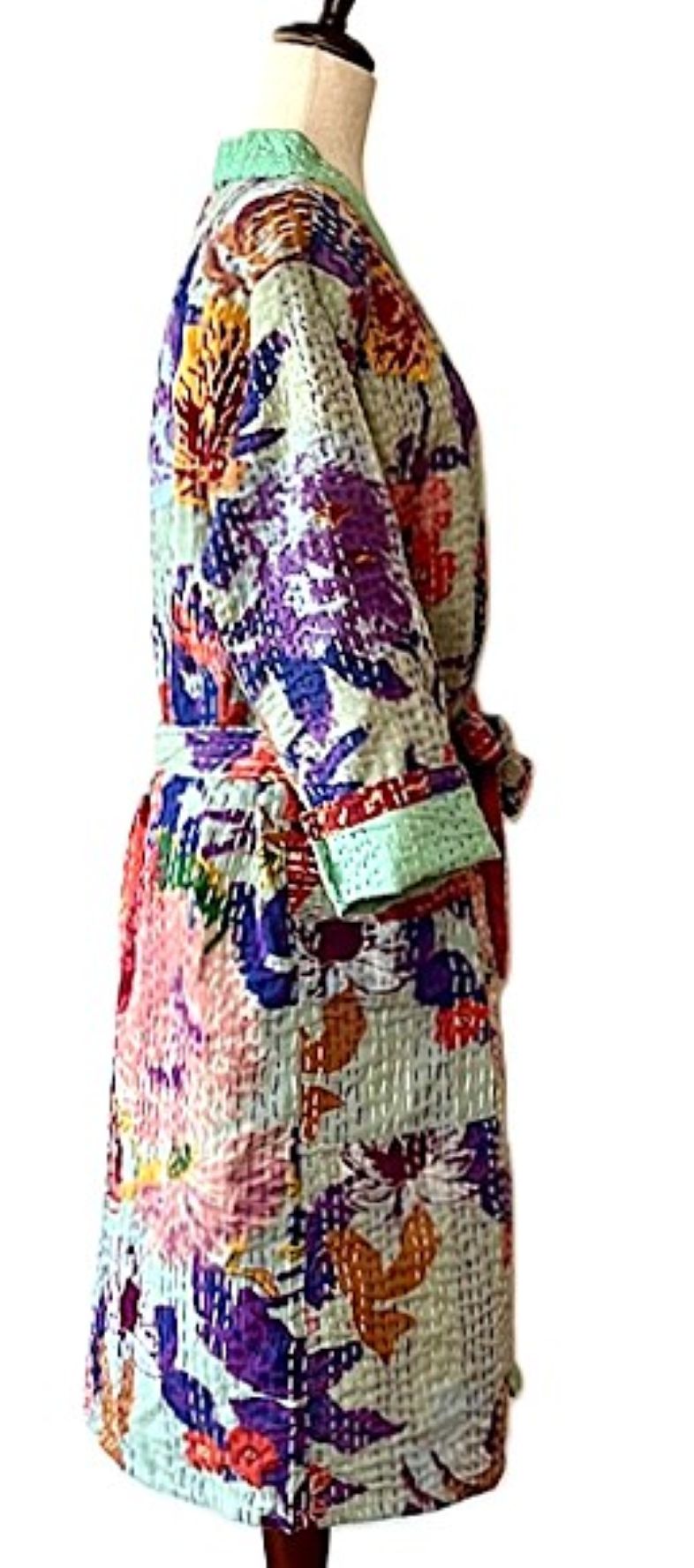 Short Colorful Cotton Print Kimono With Kantha Stitching  (Multicolor)
