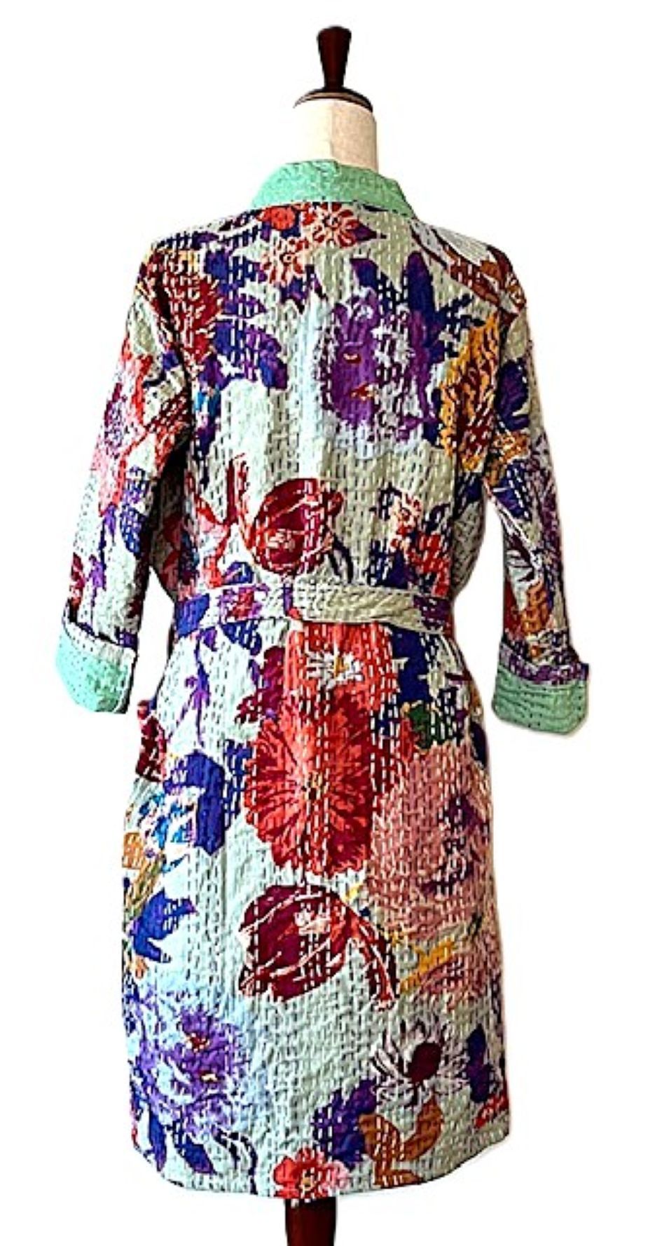 Short Colorful Cotton Print Kimono With Kantha Stitching  (Multicolor)