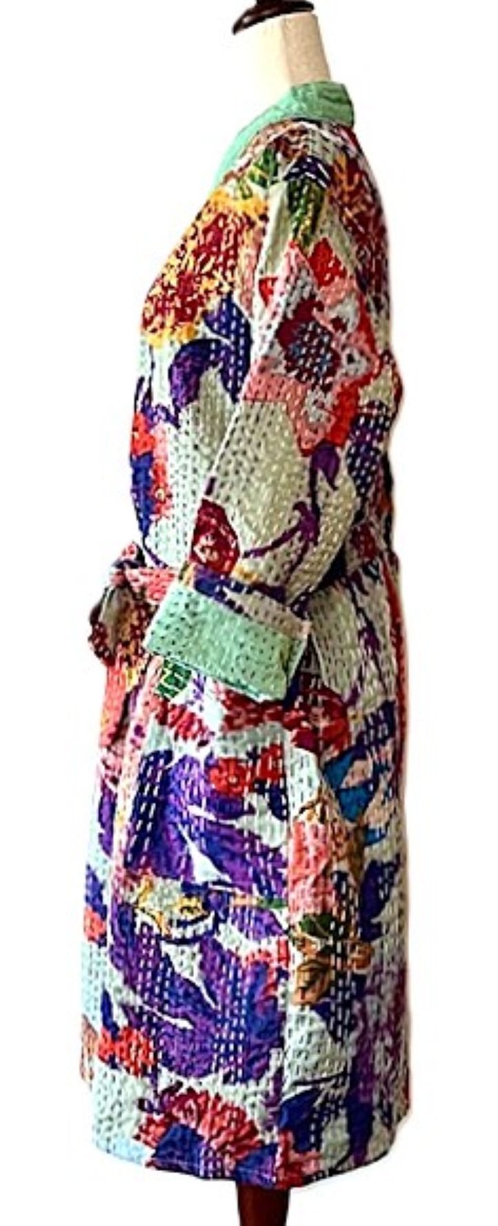 Short Colorful Cotton Print Kimono With Kantha Stitching  (Multicolor)