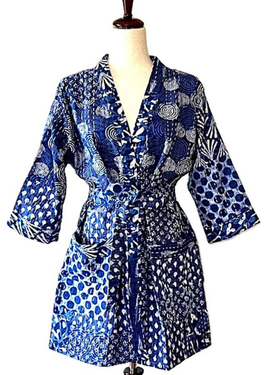 Short Fresh Mixed Print Cotton Kimono.  Best Seller.(Navy White)