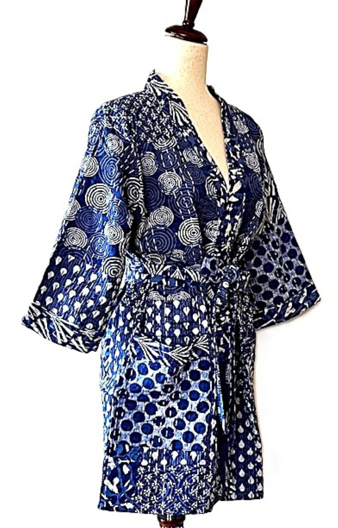 Short Fresh Mixed Print Cotton Kimono.  Best Seller.(Navy White)