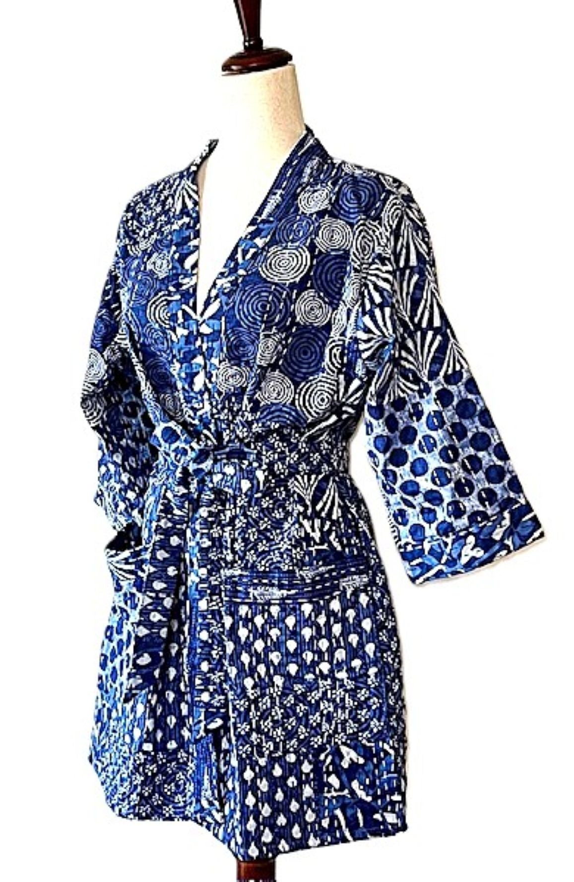 Short Fresh Mixed Print Cotton Kimono.  Best Seller.(Navy White)