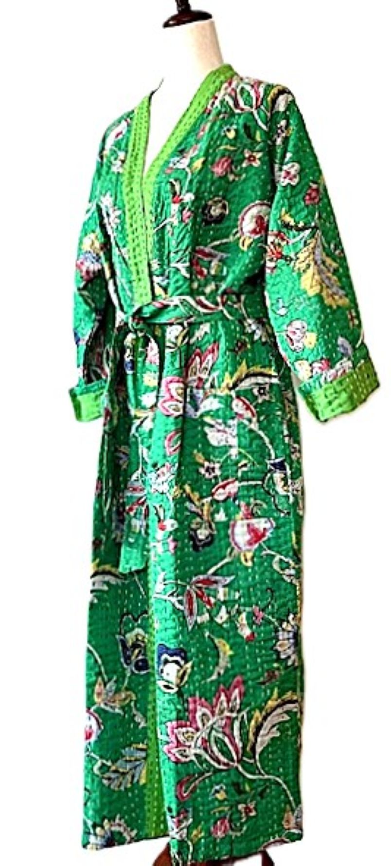 Long Cotton Kimono Looks Fresh And Colorful.  (Emerald)