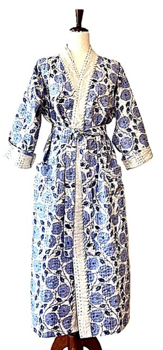 Classic Long Cotton Kimono Looks Uptown Chic. (Blue and White)
