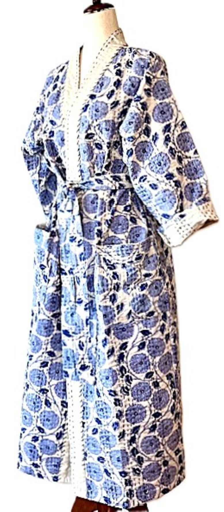 Classic Long Cotton Kimono Looks Uptown Chic. (Blue and White)