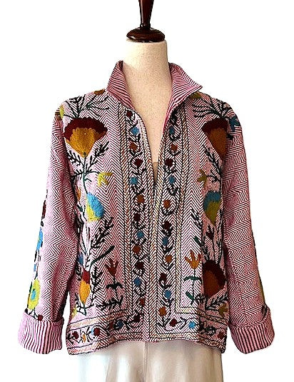 Wearable Art In This Beautiful Khadi Suzani Hand Embroidered Floral Jacket. (Cabernet)