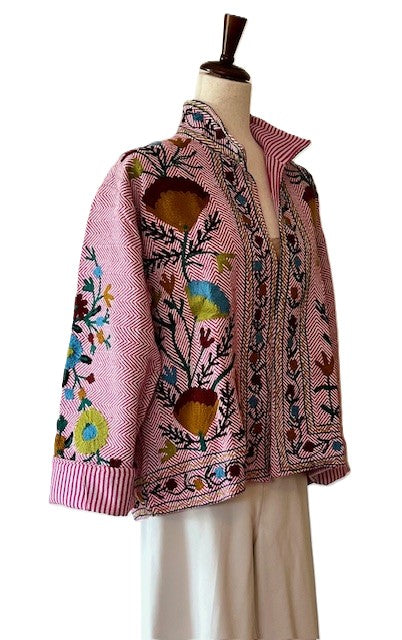 Wearable Art In This Beautiful Herringbone Suzani Embroidered Jacket. (Light Pink)