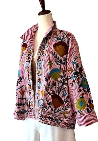 Wearable Art In This Beautiful Khadi Suzani Hand Embroidered Floral Jacket. (Cabernet)