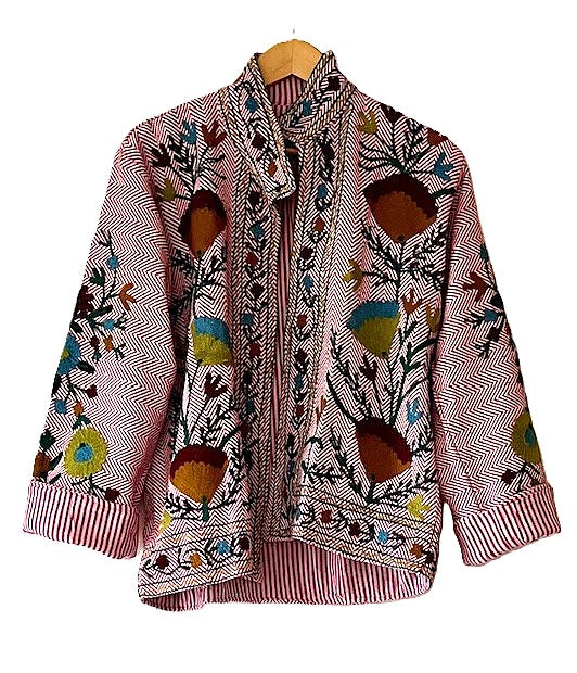 Wearable Art In This Beautiful Khadi Suzani Hand Embroidered Floral Jacket. (Cabernet)