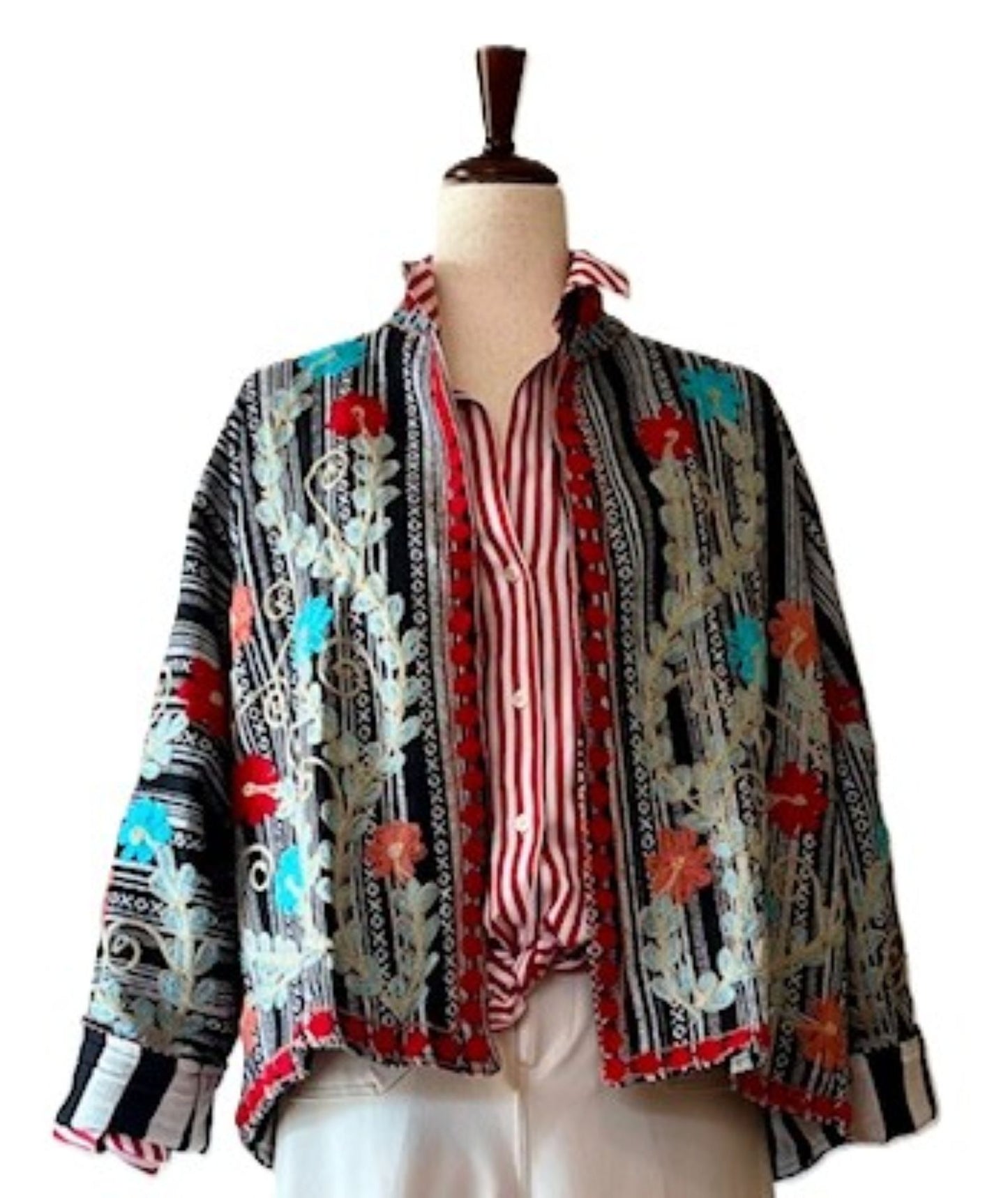 Wearable Art In This Beautiful Khadi Suzani Hand Embroidered Floral Jacket. (Black & White)