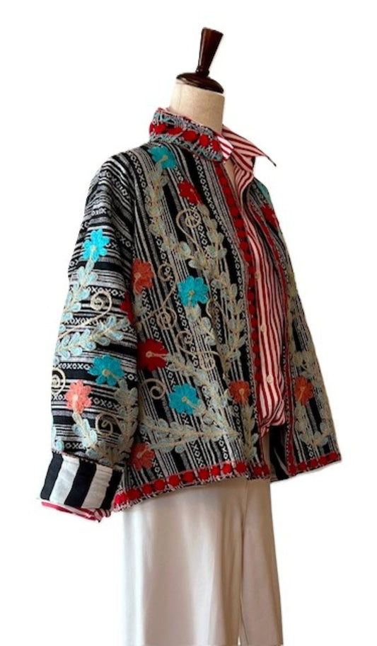 Wearable Art In This Beautiful Khadi Suzani Hand Embroidered Floral Jacket. (Black & White)