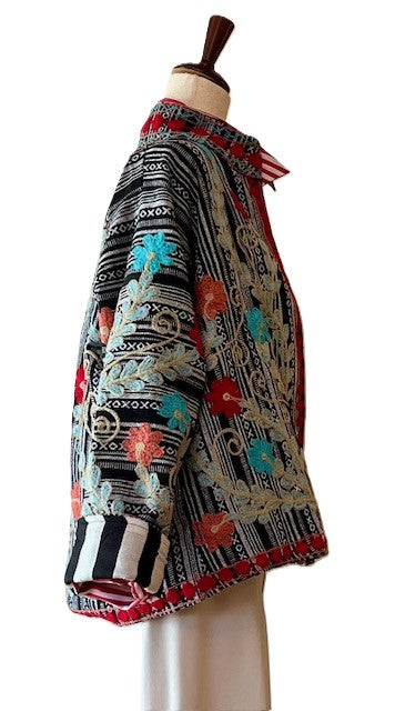 Wearable Art In This Beautiful Khadi Suzani Hand Embroidered Floral Jacket. (Black & White)