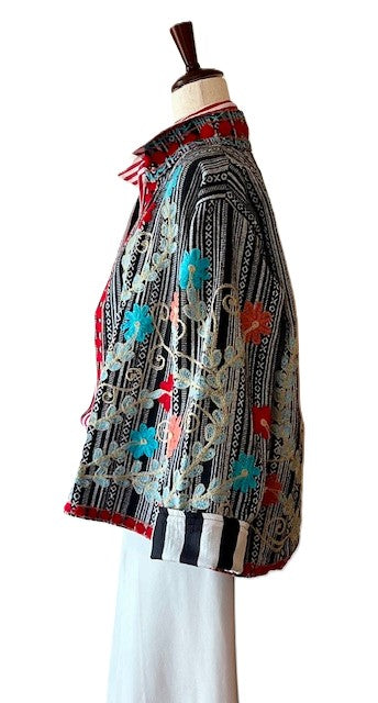 Wearable Art In This Beautiful Khadi Suzani Hand Embroidered Floral Jacket. (Black & White)
