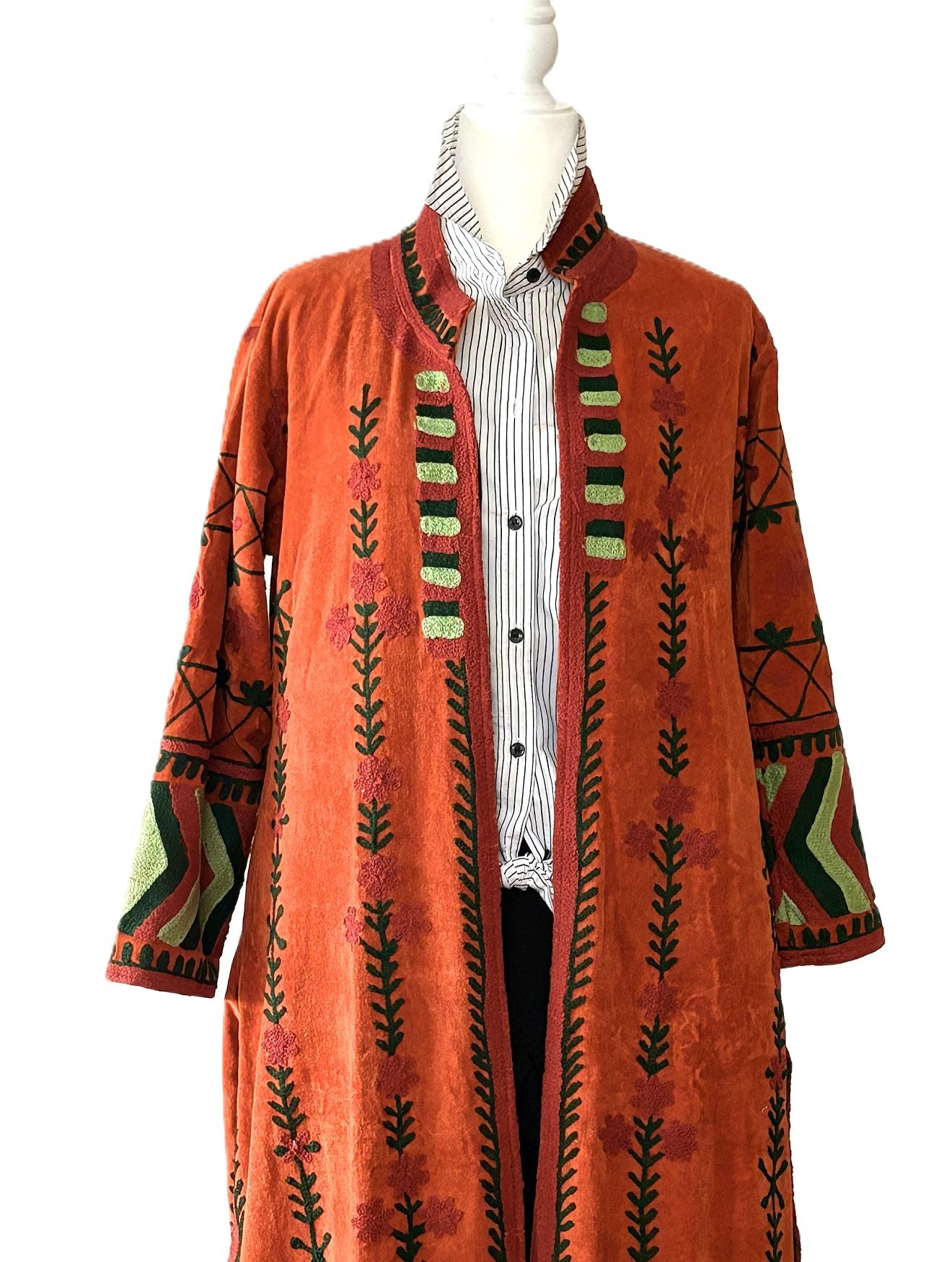 Jacket - Long Velvet Bohemian Embroidered Coat, Handstitched. A Favorite. (Brick)