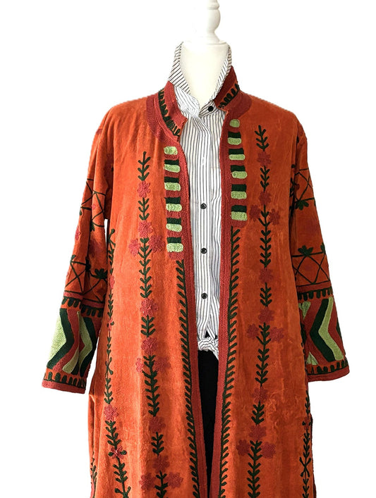 Jacket - Long Velvet Bohemian Embroidered Coat, Handstitched. A Favorite. (Brick)