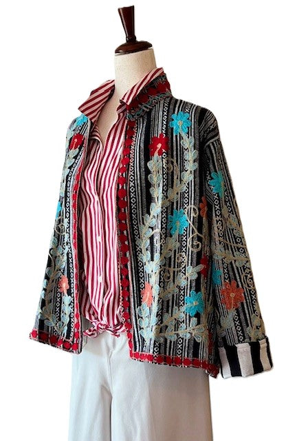 Wearable Art In This Beautiful Khadi Suzani Hand Embroidered Floral Jacket. (Black & White)