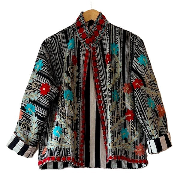 Wearable Art In This Beautiful Khadi Suzani Hand Embroidered Floral Jacket. (Black & White)