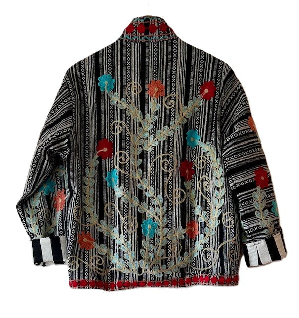 Wearable Art In This Beautiful Khadi Suzani Hand Embroidered Floral Jacket. (Black & White)