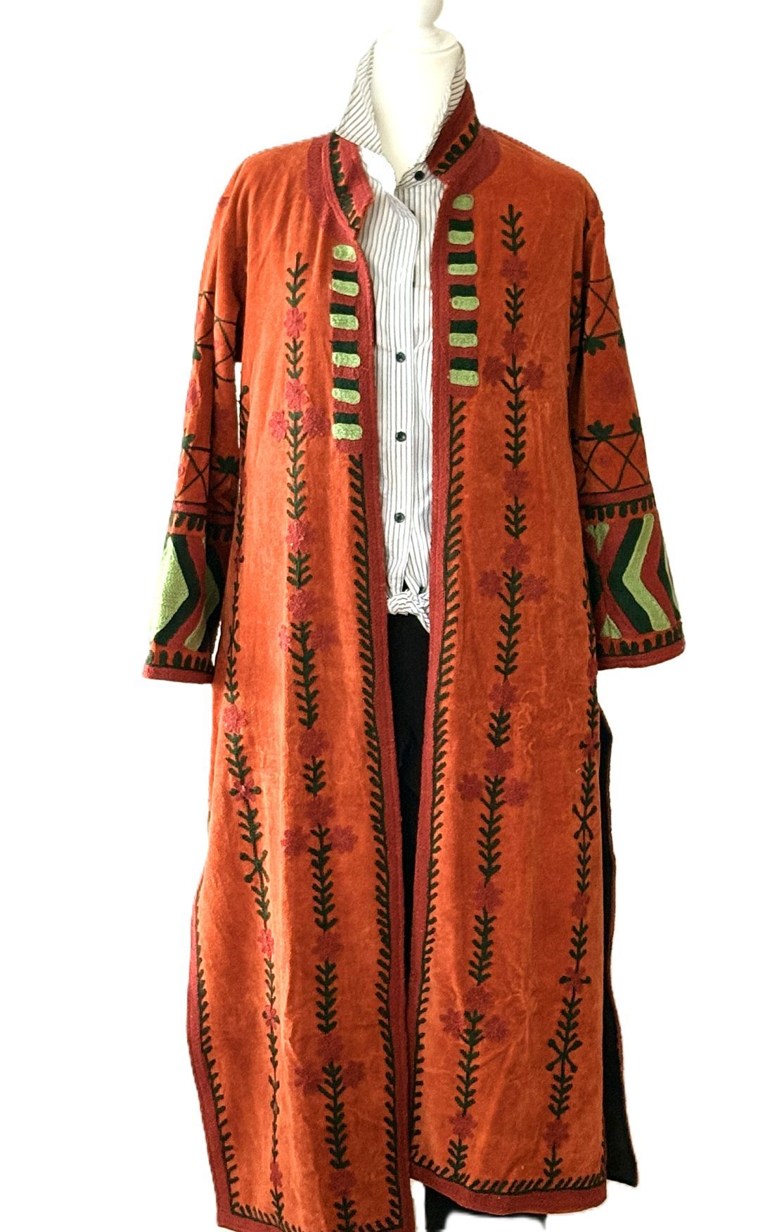 Jacket - Long Velvet Bohemian Embroidered Coat, Handstitched. A Favorite. (Brick)