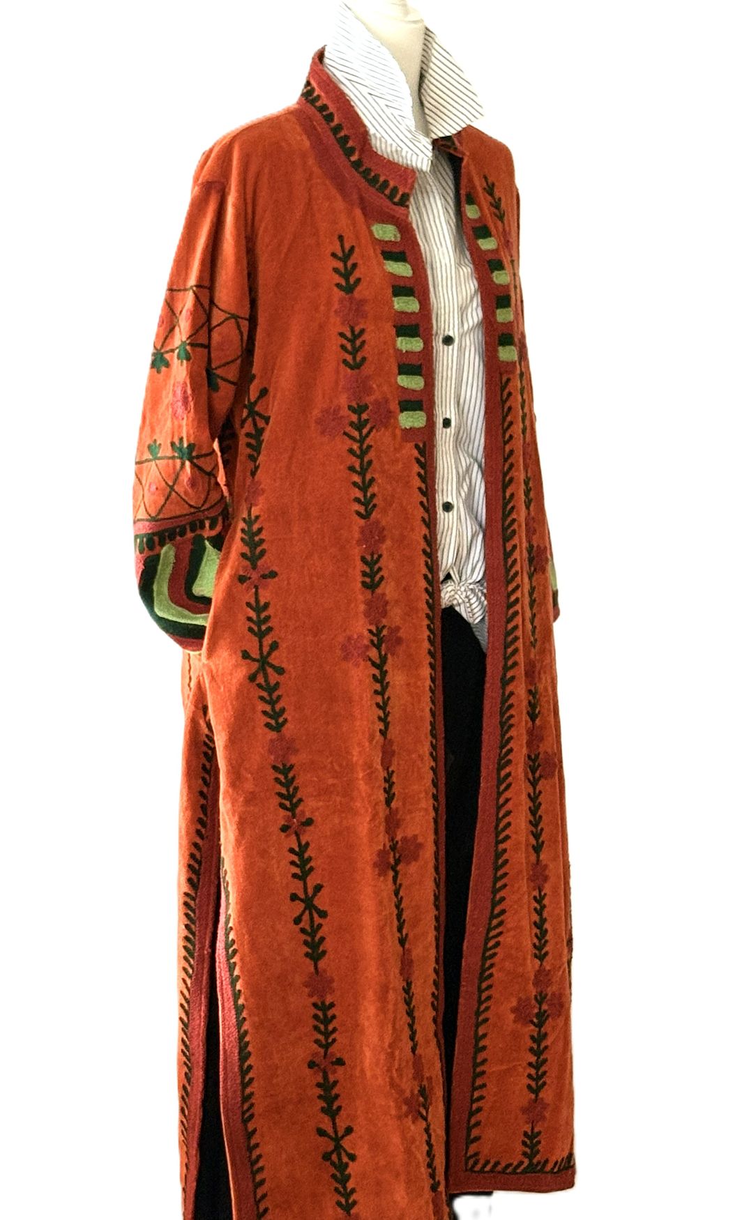 Jacket - Long Velvet Bohemian Embroidered Coat, Handstitched. A Favorite. (Brick)