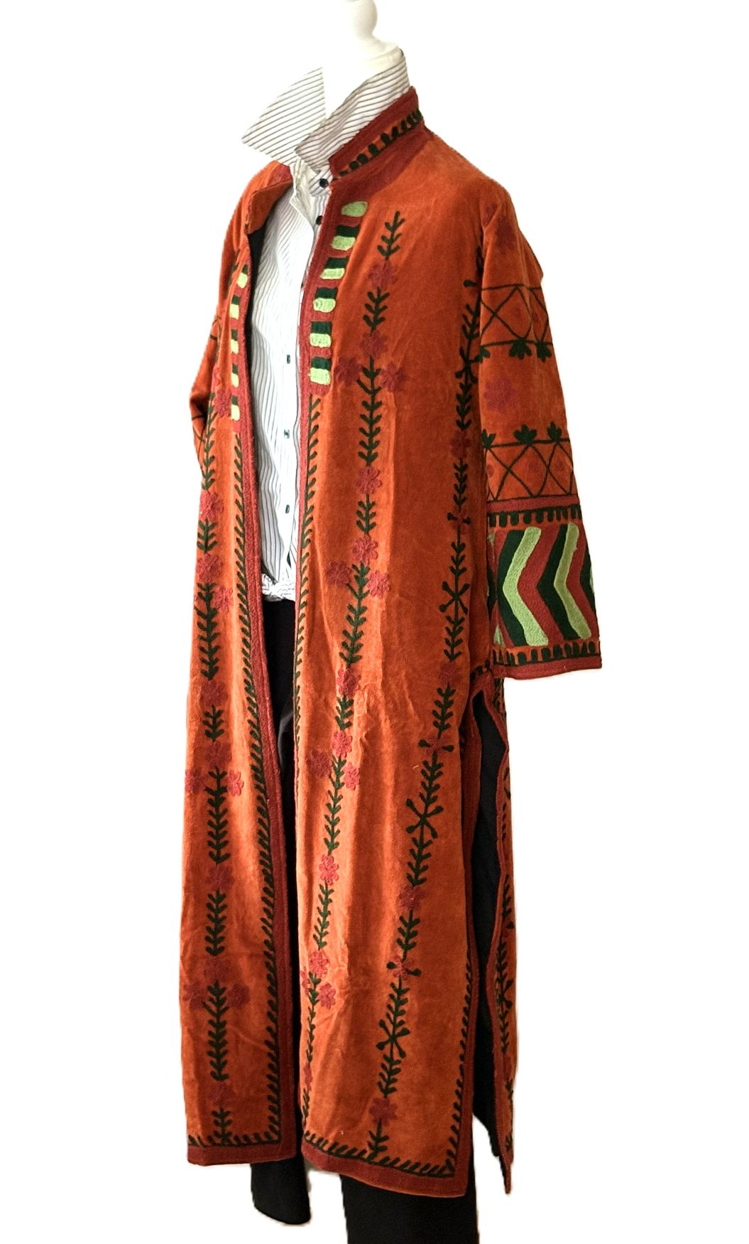 Jacket - Long Velvet Bohemian Embroidered Coat, Handstitched. A Favorite. (Brick)