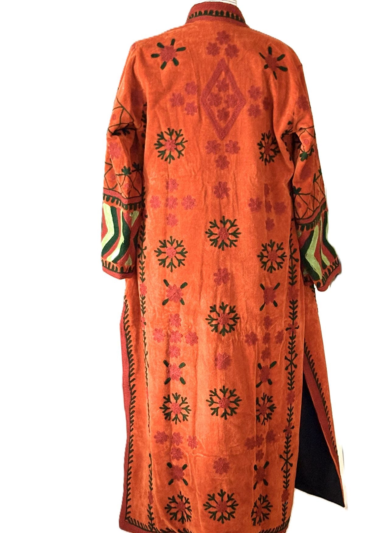 Jacket - Long Velvet Bohemian Embroidered Coat, Handstitched. A Favorite. (Brick)