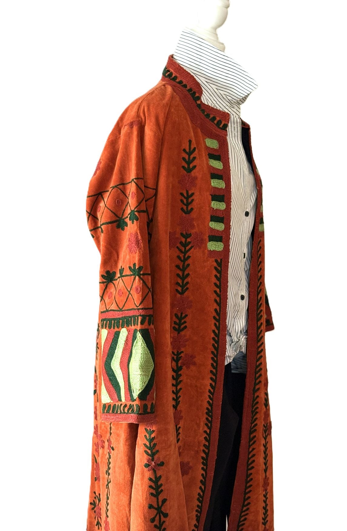 Jacket - Long Velvet Bohemian Embroidered Coat, Handstitched. A Favorite. (Brick)