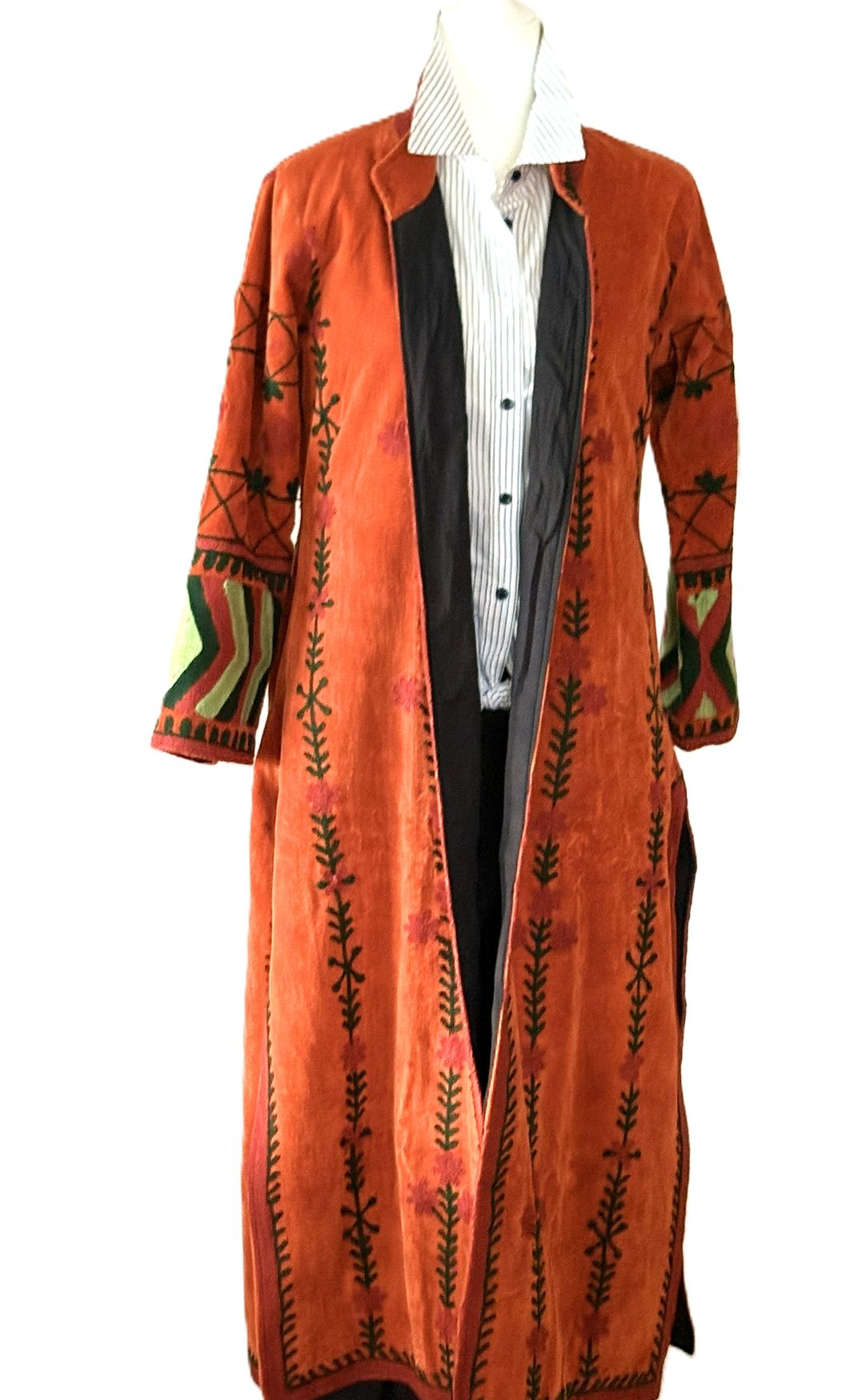 Jacket - Long Velvet Bohemian Embroidered Coat, Handstitched. A Favorite. (Brick)