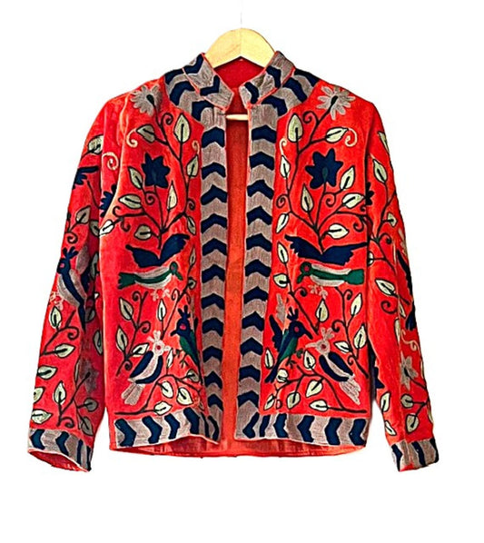 Jacket, Wearable Art In This Hand Embroidered Short Cotton Velvet Jacket. (Red)