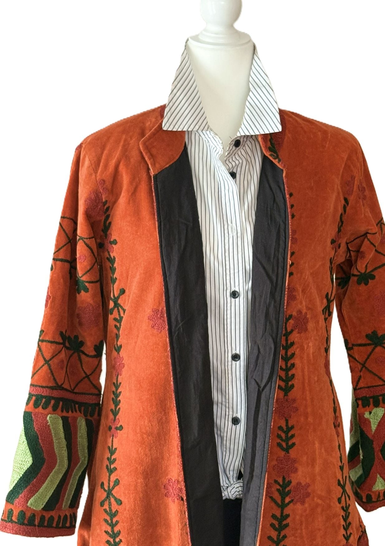 Jacket - Long Velvet Bohemian Embroidered Coat, Handstitched. A Favorite. (Brick)