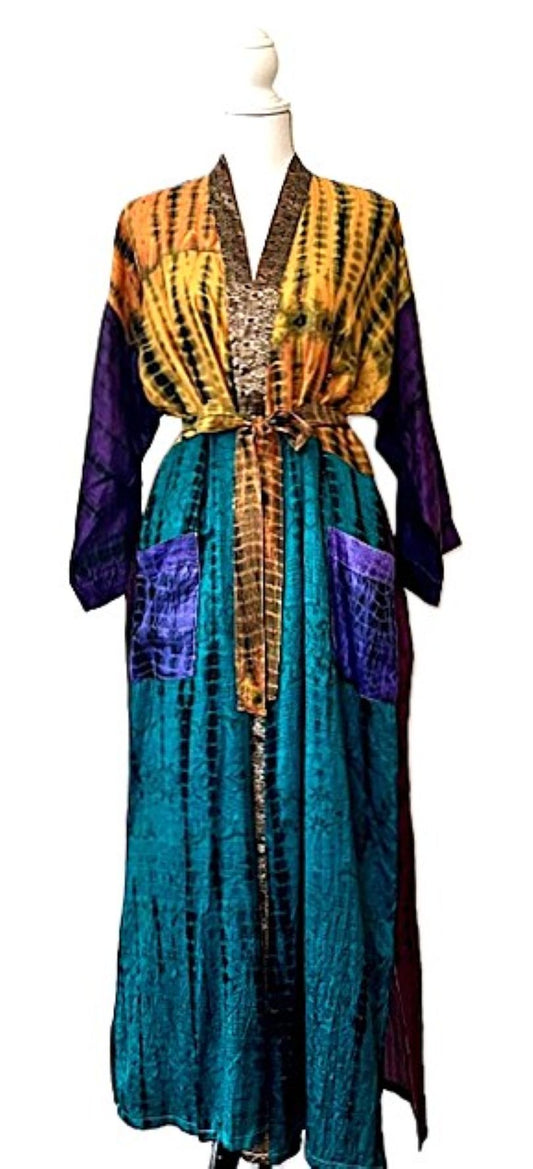 Long Silk Kimono Duster Is Striking In Turquoise Bronze Color Block