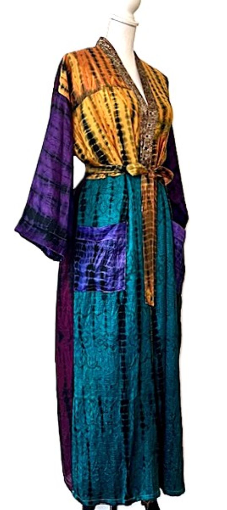 Long Silk Kimono Duster Is Striking In Turquoise Bronze Color Block